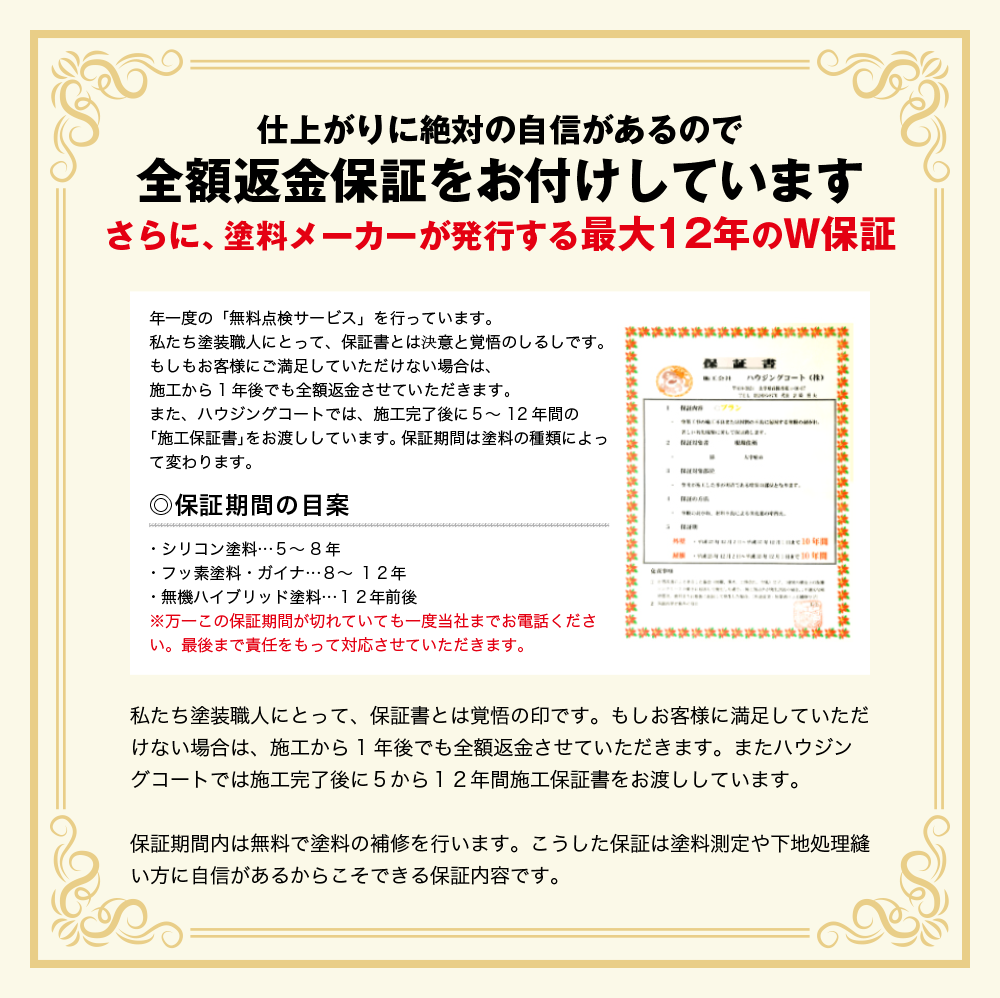 仕上がりに絶対の自信があるので全額返金保証をお付けしています.さらに、塗料メーカーが発行する最大12年のＷ保証